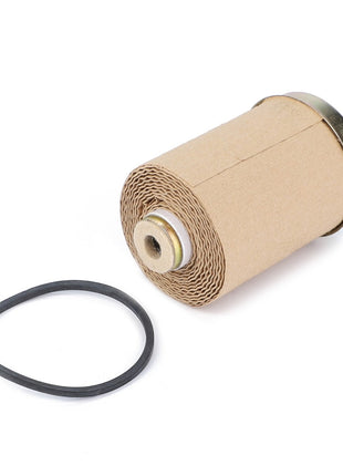 An AGCO Fuel Filter Cartridge - 3604411M1, cylindrical in shape and positioned next to a black rubber gasket, designed for cleaner fuel and effective water separation.