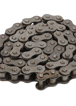 The AGCO Chain Grain Elevator Drive - D42326200, featuring a coiled metal design with visible links and pins and exhibiting high fatigue strength, is arranged in a circular shape on a white background.