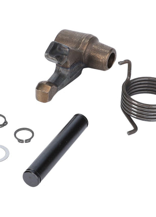 A set of mechanical components, including a metal lever labeled AGCO | Lever, Automatic Clevis, Trailer Hitch - F816500070220, a coiled spring, a cylindrical pin, a washer, and two retaining rings arranged on a white background—ideal for hitch linkage components.