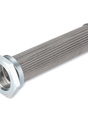 The AGCO Hydraulic Filter Cartridge - 112858W91, featuring a cylindrical metal structure with grooves and a hexagonal threaded base, is essential in fluid filtration systems for extending equipment service life and reducing maintenance costs.