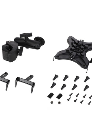 The components of the AGCO | Mount - Acx2550050 TV wall mount kit, including adjustable arms, mounting brackets, screws, and various size rubber caps, are organized on a white background. No current product description information is available from AGCO at this time.