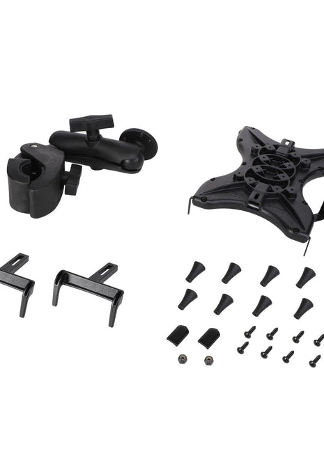 The components of the AGCO | Mount - Acx2550050 TV wall mount kit, including adjustable arms, mounting brackets, screws, and various size rubber caps, are organized on a white background. No current product description information is available from AGCO at this time.