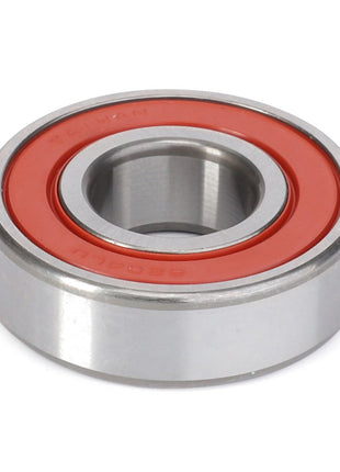 A close-up of the AGCO Deep Groove Ball Bearing - F214202810230 features a red rubber seal and cylindrical outer and inner rings, with the word "Taiwan" visible on the outer edge.