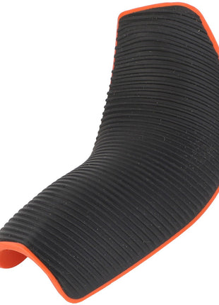 Currently, there is no product description available for the AGCO Arm Rest Handgrip - F650970160110, a curved, black and orange rubber protective case featuring a textured, ribbed surface.