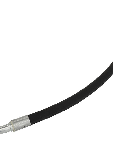 A black flexible hydraulic hose with metal fittings at both ends, one end angled and the other straight is available as the AGCO Hydraulic Hose, model ACW1842510.