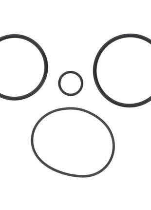 Four black rubber O-rings of different sizes from the AGCO Gasket Kit, Oil Filter - D45142900, perfect for oil tank maintenance, arranged on a white background.