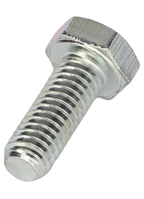A close-up image of the AGCO | SCREW - AL5002030, a metallic hex bolt with standard threading. The bolt, featuring a hexagonal head, boasts a bright and shiny finish that highlights its precision engineering from the AGCO brand.