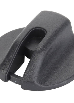 The AGCO | BOTTOM - D45000234, a black plastic rotary knob from the brand AGCO, is ideal for appliances or machines and features a central opening along with a textured surface for enhanced grip.