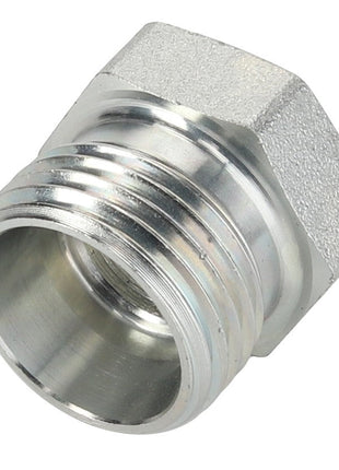 A close-up view of the AGCO Cap - Acx2784780, showcasing its metallic, hexagonal-threaded pipe fitting with a smooth interior and textured exterior surface.