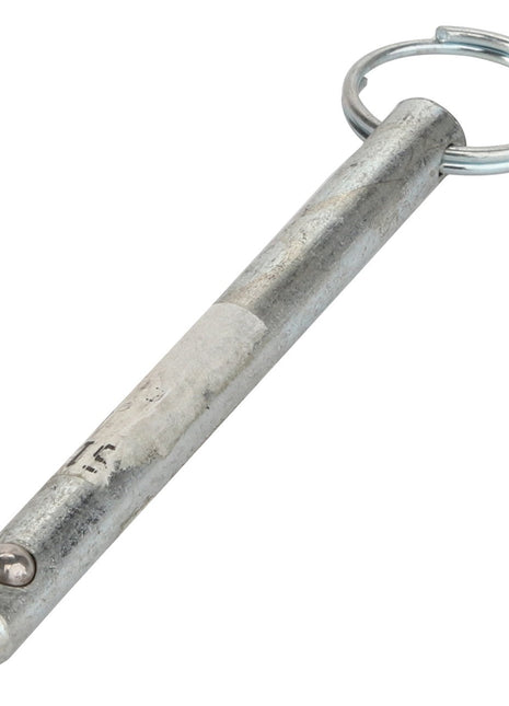 Introducing the AGCO | PIN - AG516105, a durable metal pin featuring a loop at one end and a ball bearing on the side, specifically designed for securing or locking mechanisms. This high-quality product is brought to you by the trusted brand AGCO.