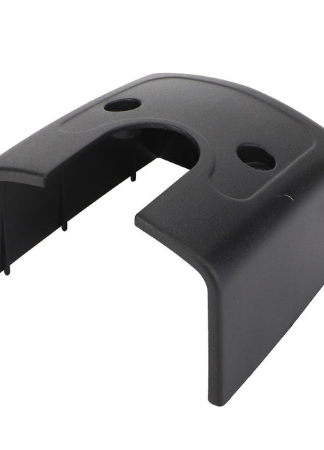 The AGCO Cover - Acw2491460 by AGCO is a black plastic cover that features a rectangular shape with a curved cutout and two circular holes on the top surface. No current product description information is available.