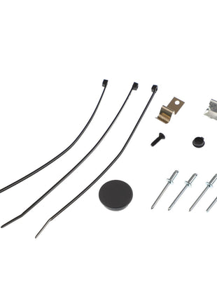 The AGCO Small Parts Kit (F930500030650), featuring assorted hardware such as cable ties, rivets, a screw, a clip, a button head, and a circular black cover arranged on a white background. No current product description available for further details.
