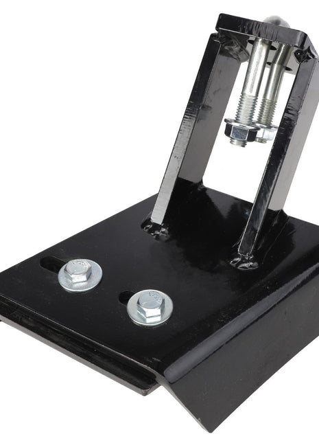 The AGCO Scraper, Left Hand - Acp0016760 is a black metal bracket equipped with two bolts and an integrated tensioner system, perfect for securing or adjusting mechanical parts. Its flat base features mounting holes for easy installation. The absence of a current product description suggests it may be newly released or pending a detailed listing.