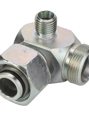 The AGCO | Union - Acw2524190 is a metal pipe fitting with three threaded ports arranged in an angled configuration. Additional product description information is currently unavailable.