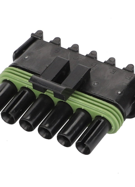 The image shows an AGCO black and green five-pin electrical connector with individual male terminals arranged in a single row. The product name is Connector - AG515761 by AGCO.