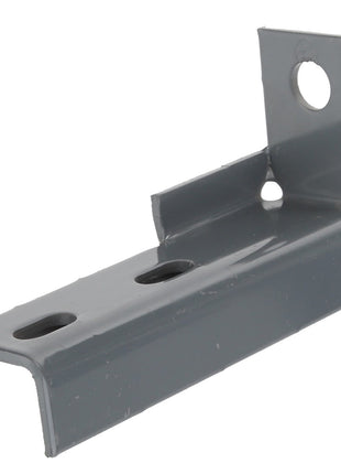 The AGCO | BRACKET - D28784197 by AGCO is a sturdy gray metal bracket featuring two large holes and one small hole, designed for secure mounting purposes.