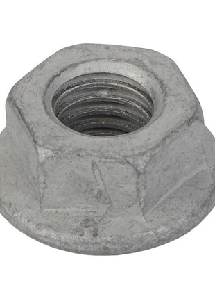 Close-up image of the AGCO Hex Nut - Acp0676630, featuring a flanged base and crafted from metal. The threading is clearly visible inside the central hole. No current product description available.