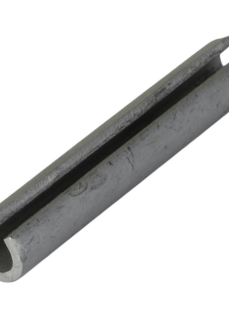 Close-up of the AGCO | Roll Pin - Fel106869, a metallic cylindrical pin featuring a longitudinal slit along its length, commonly used for fastening or securing parts in mechanical assemblies.