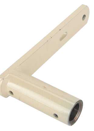 Introducing the AGCO | LEVER - D28284234, a beige metal bracket featuring both cylindrical and flat sections. It includes multiple holes designed for versatile mounting or connection purposes. Brought to you by the trusted brand, AGCO.