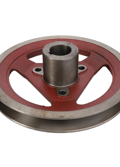 This AGCO Driven Sheave - La300114379 is a metal pulley with a red interior, three circular cutouts, and a central cylindrical hub. Further product specifications are not available.