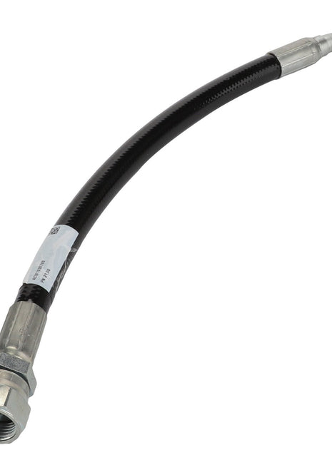 The AGCO Air Compressor Hose - Acw1930760 by AGCO features a flexible hydraulic hose with metal connectors at both ends and a black, ribbed outer casing. Unfortunately, no current product description information is available.