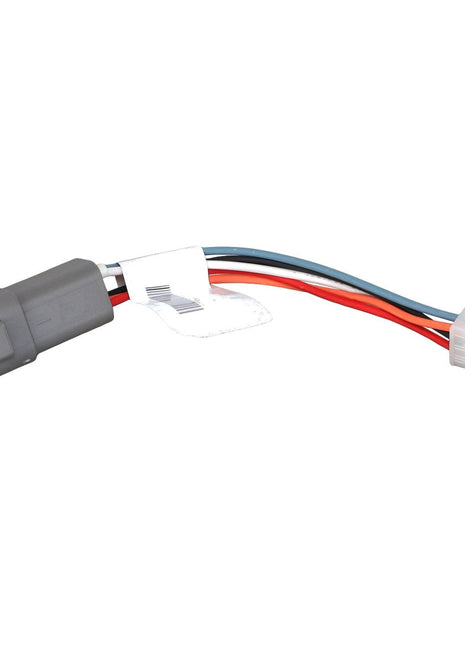 The AGCO HARNESS - AG332483 wiring harness adapter features a gray plug on one end and a white connector on the other, linked by short red, blue, and black wires. Currently, no additional product description information is available.