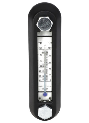 The AGCO | SIGHT GLASS - AG709053 is a vertical thermometer gauge encased in black housing, displaying temperatures in both Fahrenheit and Celsius, with a clear glass front and visible bolts at the top and bottom.