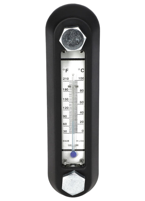 The AGCO | SIGHT GLASS - AG709053 is a vertical thermometer gauge encased in black housing, displaying temperatures in both Fahrenheit and Celsius, with a clear glass front and visible bolts at the top and bottom.