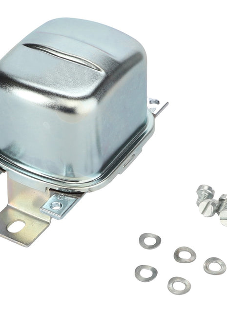 Featured is the AGCO | Governor Switch - F228903010011, a metallic automotive relay with a protective cover, mounting bracket, and four accompanying screws and washers. Current product description is not available.