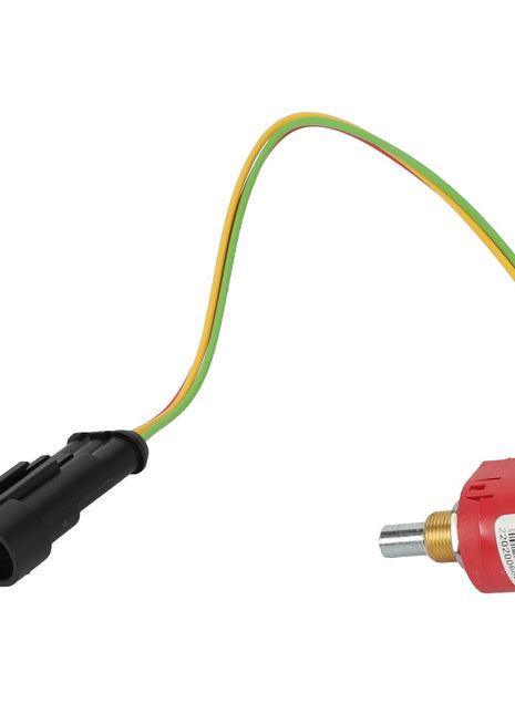 The AGCO | POTENTIOMETER - D28782719 from AGCO features a pressure sensor with three wires (yellow, green, and orange) seamlessly integrated into a red housing and black connector.