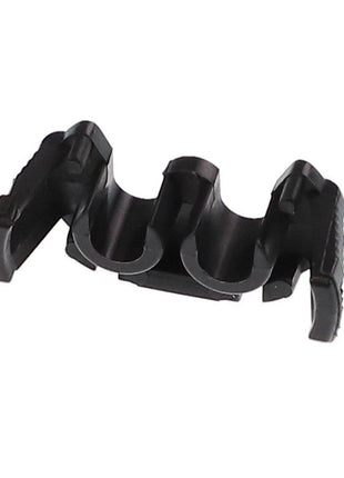 The AGCO | WIRE LOCK - AG520275 is a black plastic clip by AGCO, designed with two slots for securing small items. It features ridged ends for improved grip. No further product description information is available at this time.