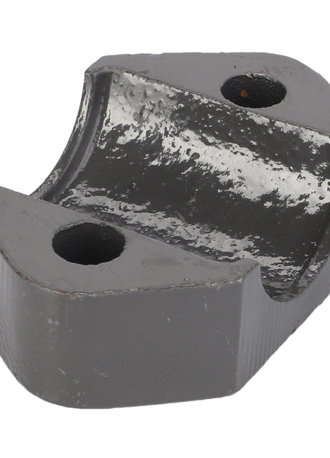 The AGCO BEARING CARRIER - D28480854 is a metallic bracket with two holes and a curved inner section, featuring a rough, dark finish. No current product description information is available.