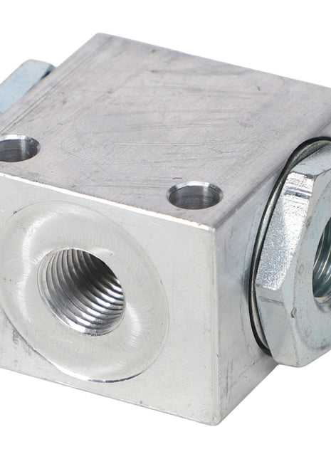 The AGCO | CASING - AL521309 is a robust metal hydraulic manifold block featuring precisely threaded ports and fittings for secure connections.