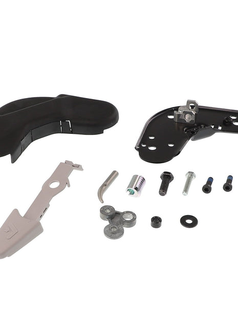 A collection of assorted automotive parts, including brackets, bolts, washers, and a small metal arm, is neatly arranged on a white background. This product is the AGCO Adjustment - F916500031040 from the renowned brand AGCO.