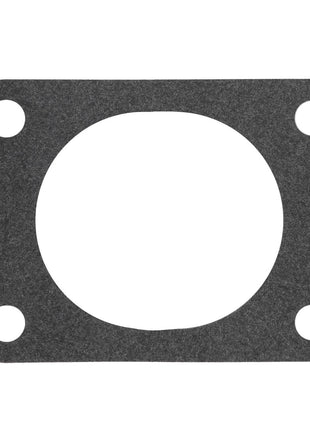 The AGCO Gasket - V836324568 is a rectangular black gasket featuring a large central circular cutout and four smaller circular holes in each corner.