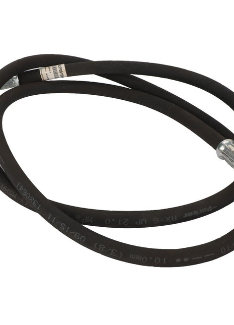 The AGCO | Hydraulic Hose - Acp0015940 is a coiled black rubber hydraulic hose with metal fittings on both ends from the brand AGCO.