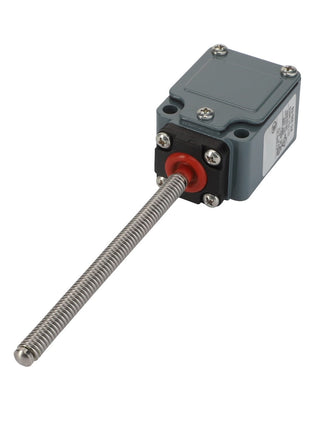 Meet the AGCO Stroke Limiter - La313599000: This industrial grey limit switch is designed with a long, straight threaded rod, complete with metal screws and a distinctive red circular component at the base of the rod.
