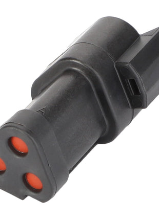 Close-up of the AGCO Resistor, 120 Ohm - Acp0222350, a black cylindrical electrical connector with three orange recessed holes, designed for industrial or automotive applications to ensure machinery operating safety.