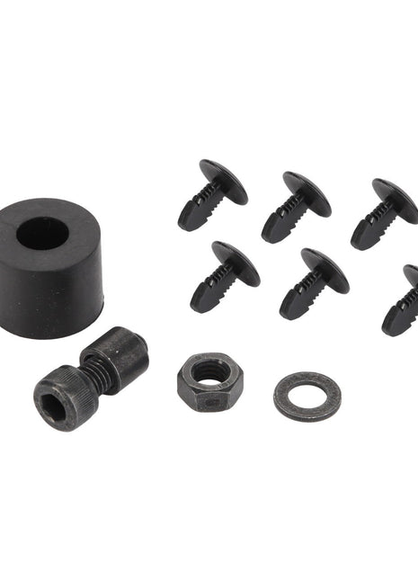 Set of AGCO mechanical hardware featuring a cylindrical spacer, a bolt, a nut, a washer, and six push-type fasteners (Buffer - F524500033060), perfect for various assembly needs.