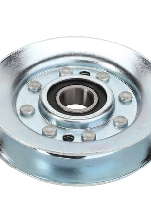 The AGCO | PULLEY - CG1256015550 is a metal pulley featuring a central bearing and six evenly spaced holes around it. Its surface boasts a slightly reflective, silver finish. Currently, no additional product description information is available.