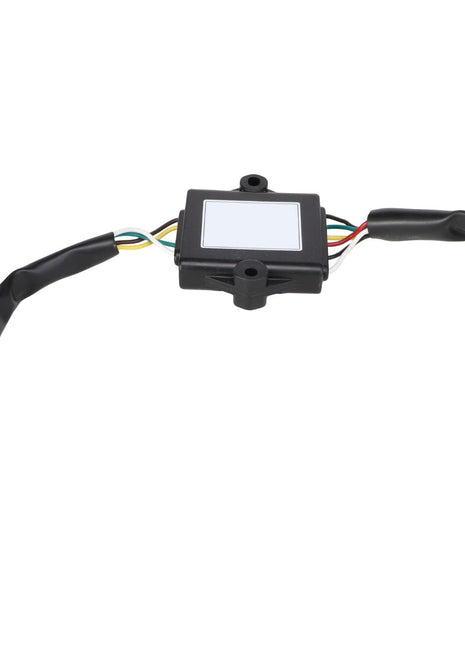 The AGCO | FLASHER MODULE - SN18853, featuring wiring harnesses extending from both sides and connectors at the ends, is available for ordering. For any questions, our support team is ready to assist you.