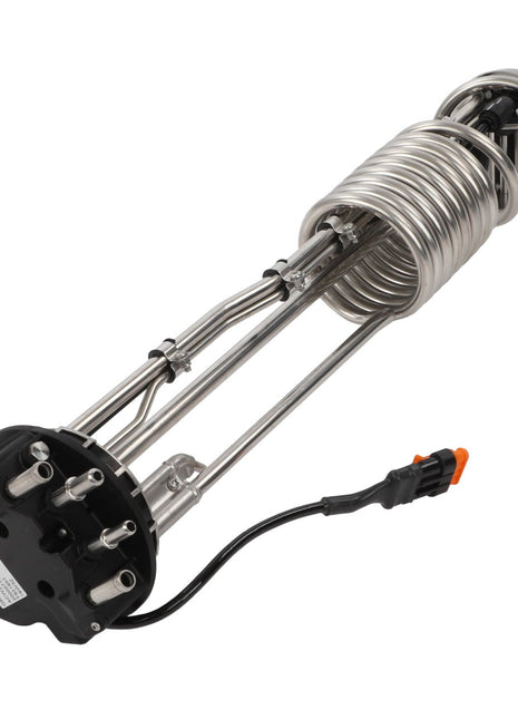 The AGCO | Def Sensor - Acw288811A is a durable metal industrial heating element with a coiled design, connected to a sturdy black circular base and featuring a cable with an eye-catching orange plug.