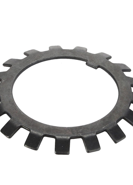 Currently, there is no available product description for the AGCO Lock Washer - Acp0443450. This metal retaining ring features evenly spaced tabs and a circular hole at its center.