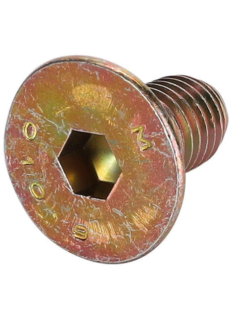Close-up of an AGCO 3009450X1 hex socket flat head screw with a bronze-colored finish, showing threading and the engraved numbers "010 B M" on the head.