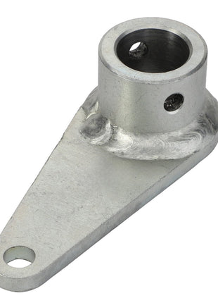 The AGCO | Lever - Acp0666120 by AGCO is a metal bracket with a cylindrical component attached to a triangular base, featuring holes at each end. No Current Product Description Available for further details.