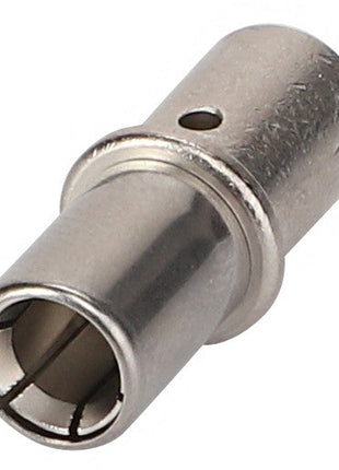 Close-up image of the AGCO | Socket Contact - 816900043210 by AGCO, a cylindrical metal coaxial cable connector featuring a side hole and slotted end, highlighting its intricate design.