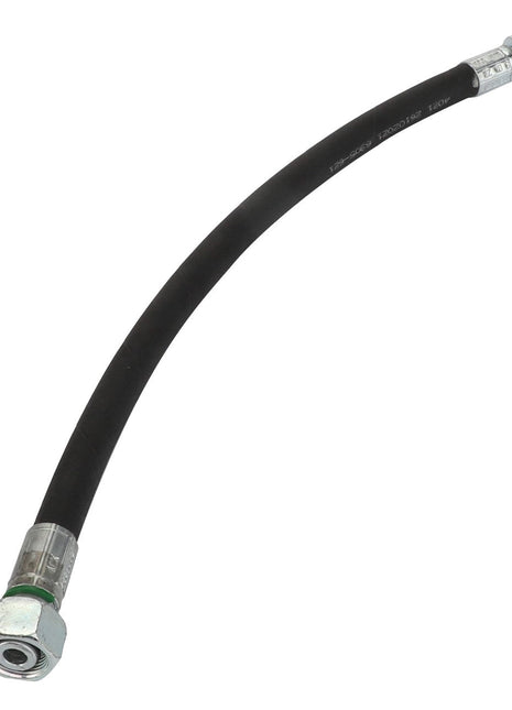 The AGCO Hydraulic Hose - Acx2831590 is a high-performance black rubber hose with metal connectors at each end, designed to be abrasion-resistant for heavy-duty use.