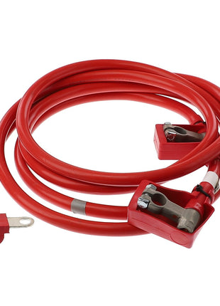 A coiled red battery cable with metal terminal connectors at both ends, the AGCO Positive Battery Cable - Acw1396120 from AGCO, prepared for use with a vehicle battery.