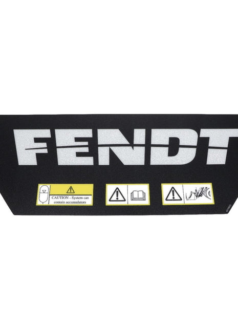 A black decal from AGCO featuring the word "FENDT" in large, white letters above caution symbols and safety instructions, labeled as "AGCO | FENDT DECAL - ACP0361410.