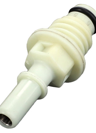 The AGCO | Def Connector - Acp0400770 is a white plastic quick-connect fitting featuring an O-ring at one end and a metal interior visible at the other, specifically designed for fluid transfer systems. Currently, there is no additional product description available.